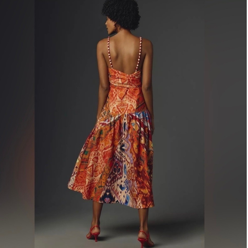 NWT Farm Rio Women's Medium Midi Dress Orange Ikat Print Beaded Straps Anthro - Picture 2 of 11